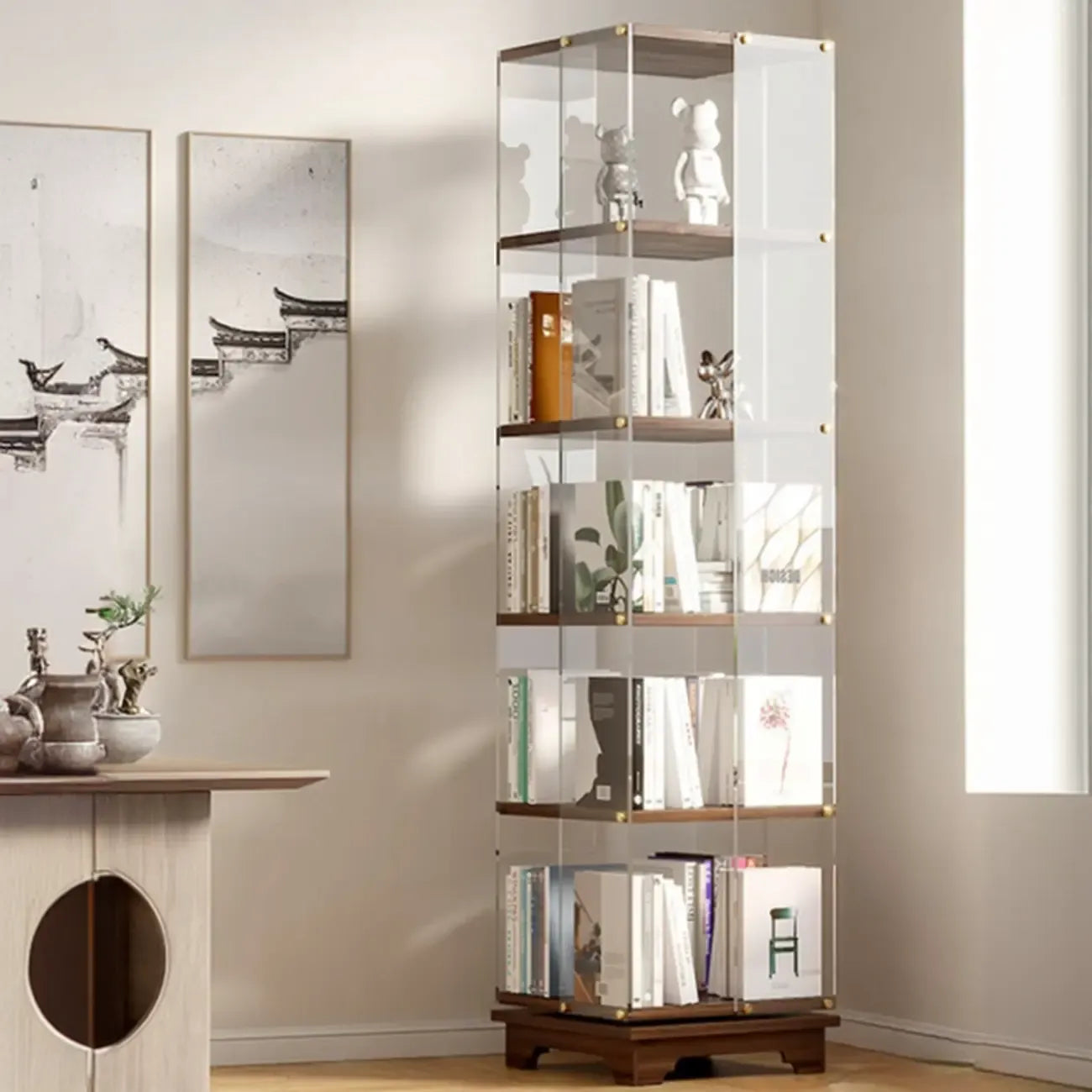 Étagère carrée Art Déco en bois, panneau de verre, commode pivotante