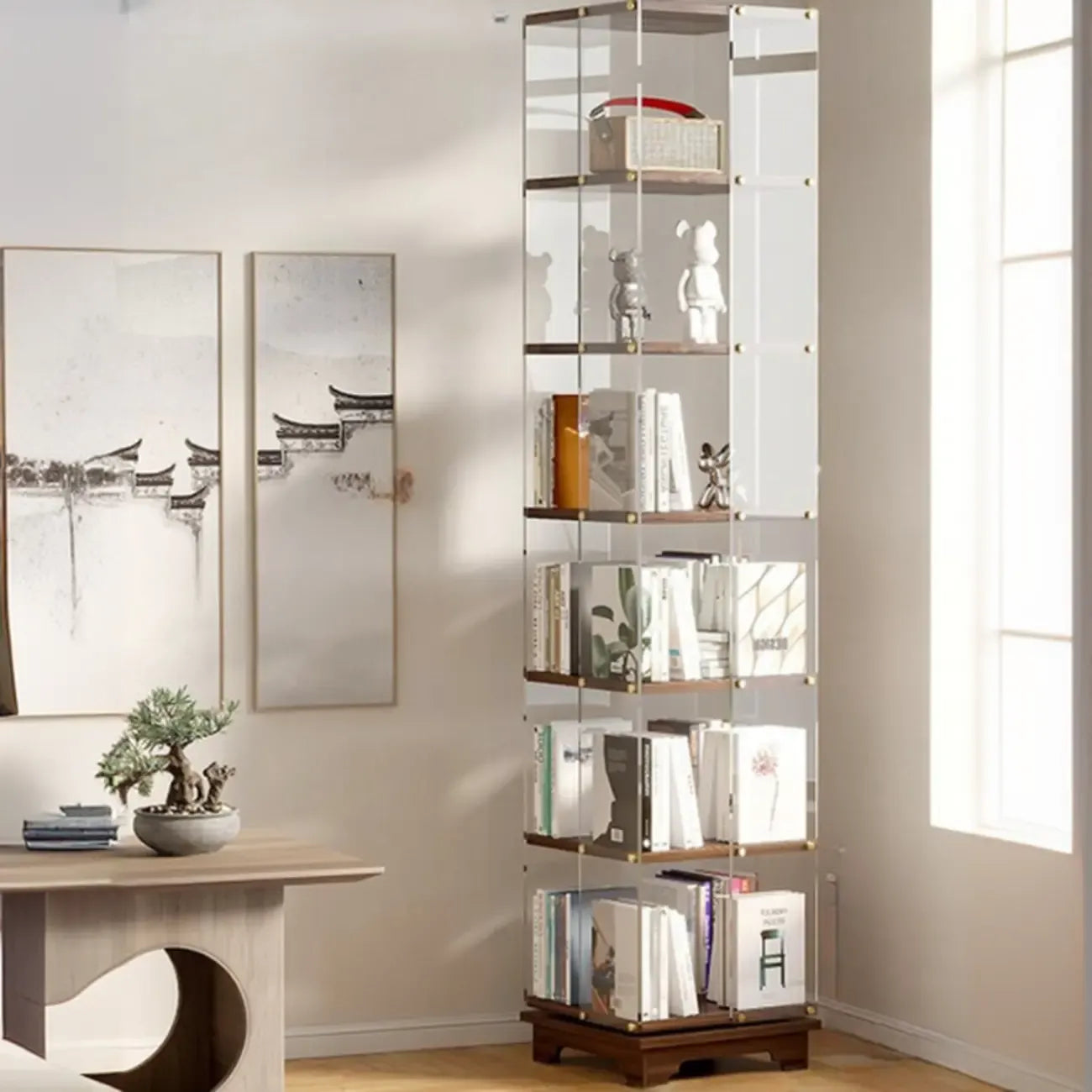 Étagère carrée Art Déco en bois, panneau de verre, commode pivotante