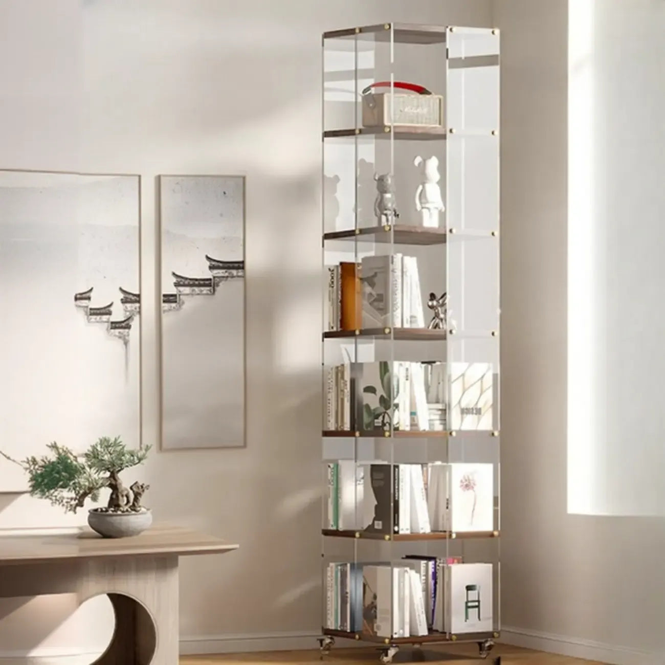 Étagère carrée Art Déco en bois, panneau de verre, commode pivotante