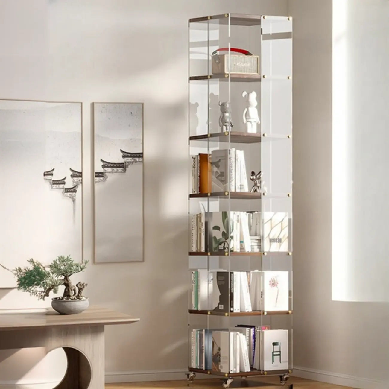 Étagère carrée Art Déco en bois, panneau de verre, commode pivotante