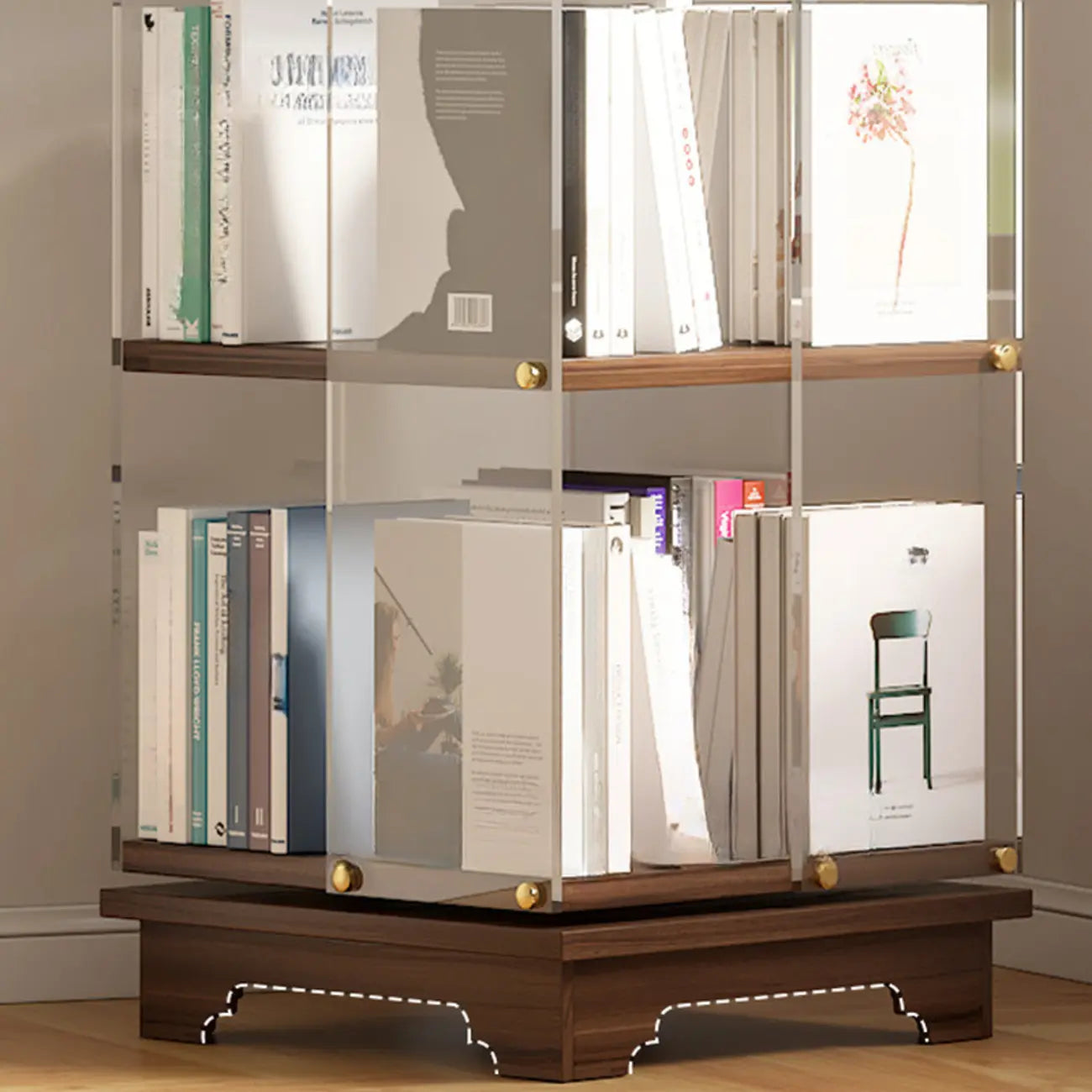 Étagère carrée Art Déco en bois, panneau de verre, commode pivotante