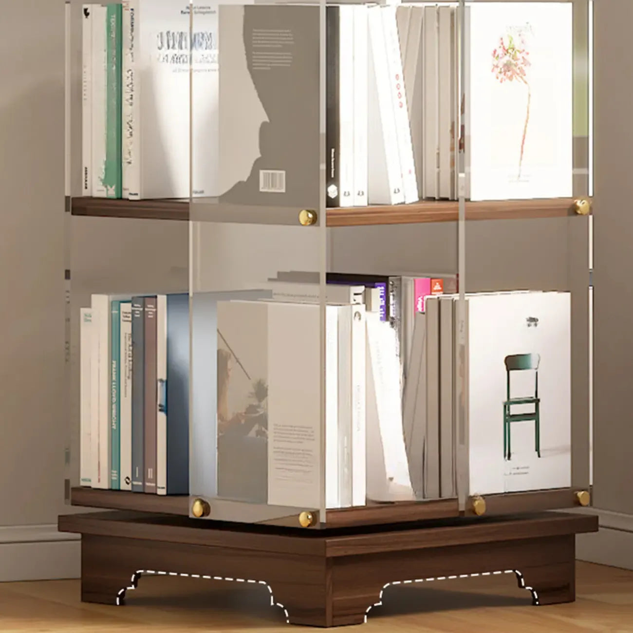 Étagère carrée Art Déco en bois, panneau de verre, commode pivotante