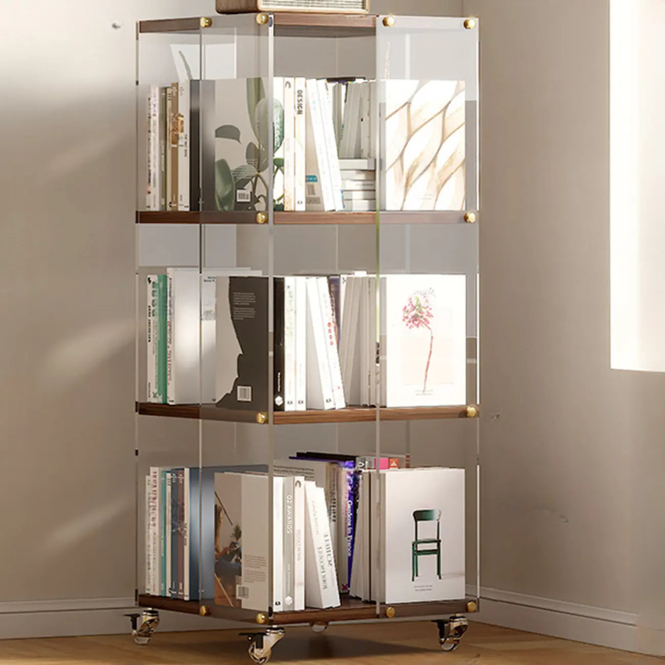 Étagère carrée Art Déco en bois, panneau de verre, commode pivotante