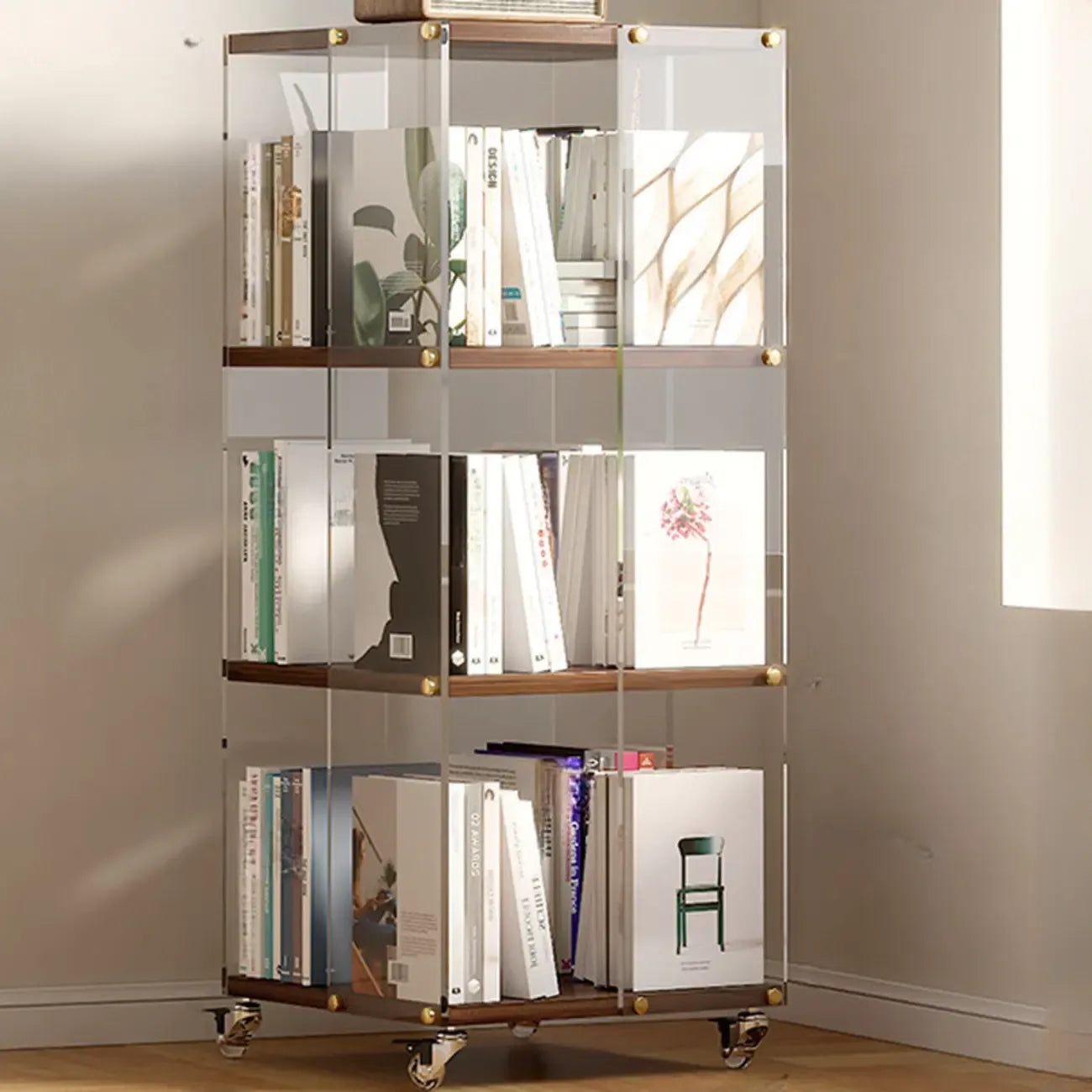 Étagère carrée Art Déco en bois, panneau de verre, commode pivotante