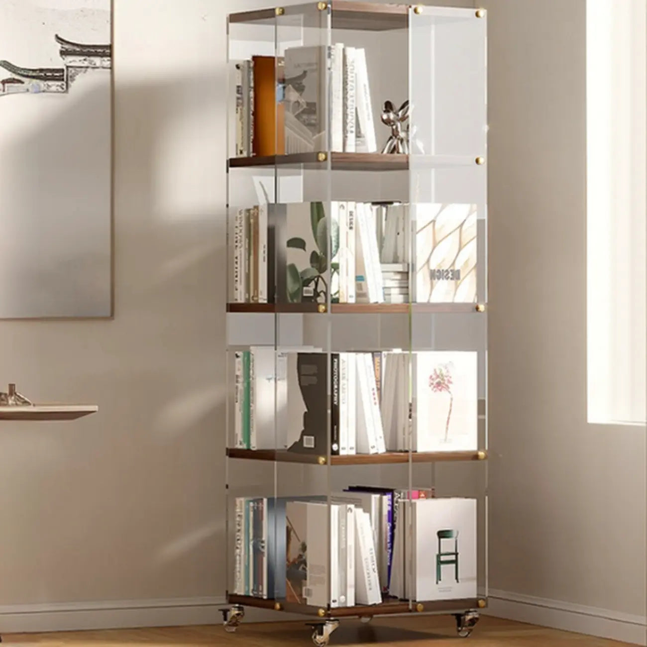 Étagère carrée Art Déco en bois, panneau de verre, commode pivotante