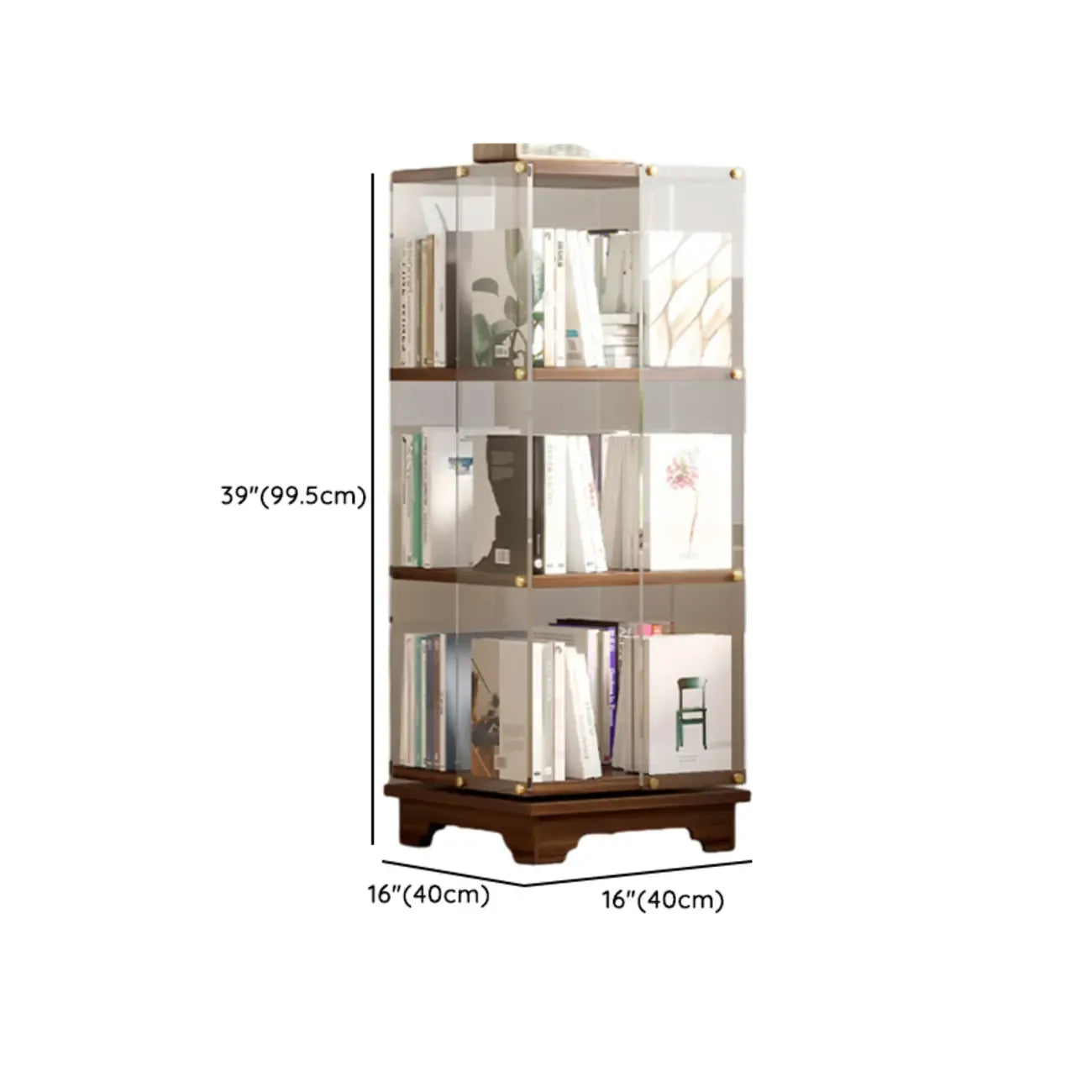 Étagère carrée Art Déco en bois, panneau de verre, commode pivotante