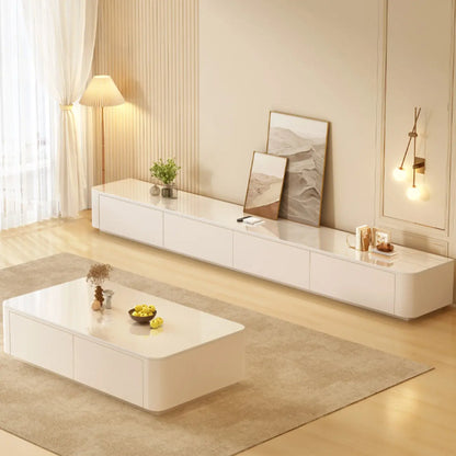 Meuble TV moderne en bois avec tiroirs et système de gestion des câbles