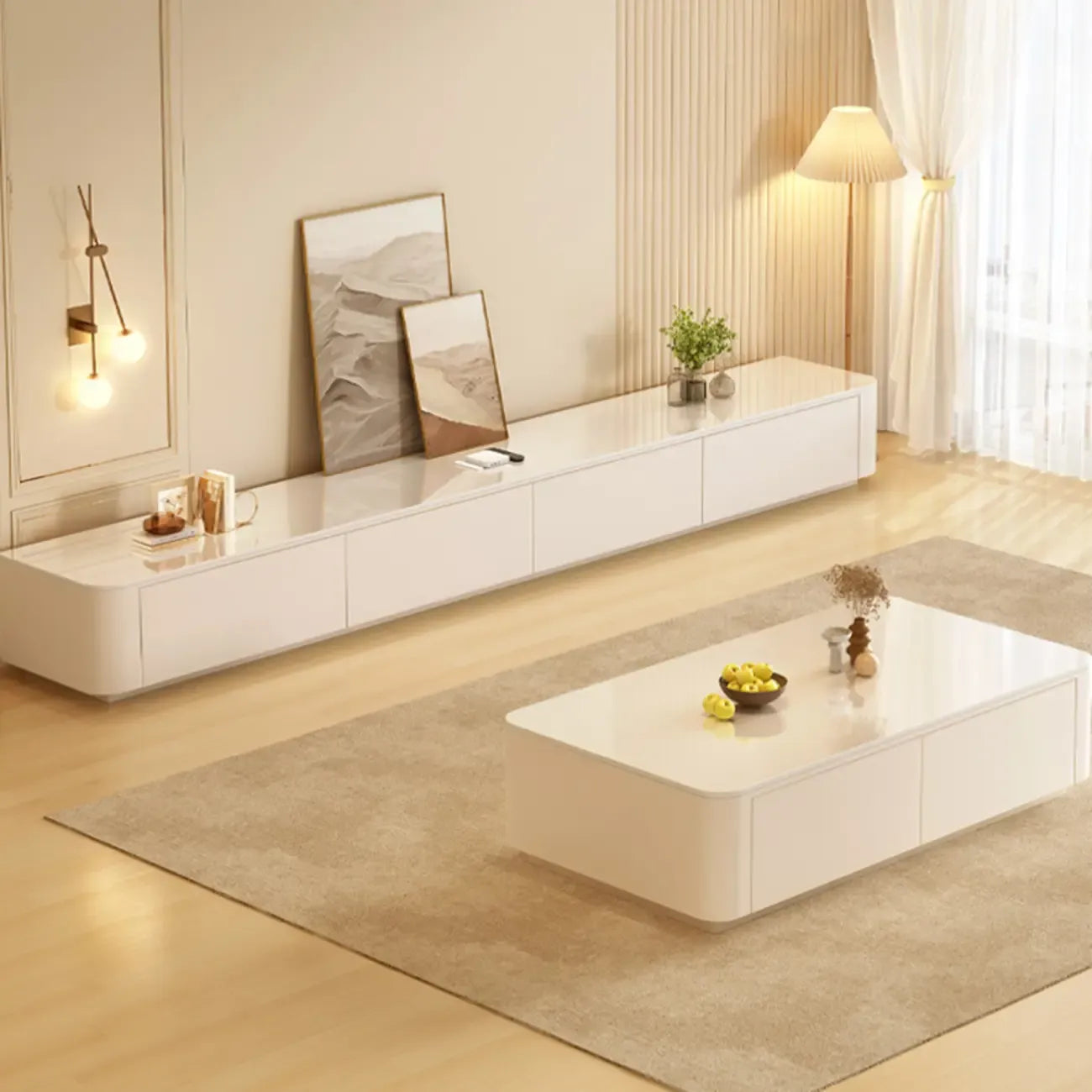 Meuble TV moderne en bois avec tiroirs et système de gestion des câbles