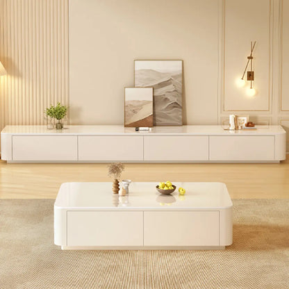 Meuble TV moderne en bois avec tiroirs et système de gestion des câbles