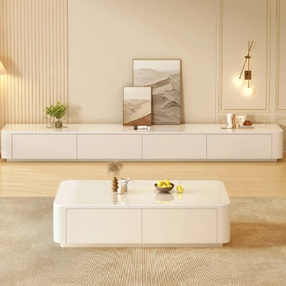 Meuble TV moderne en bois avec tiroirs et système de gestion des câbles