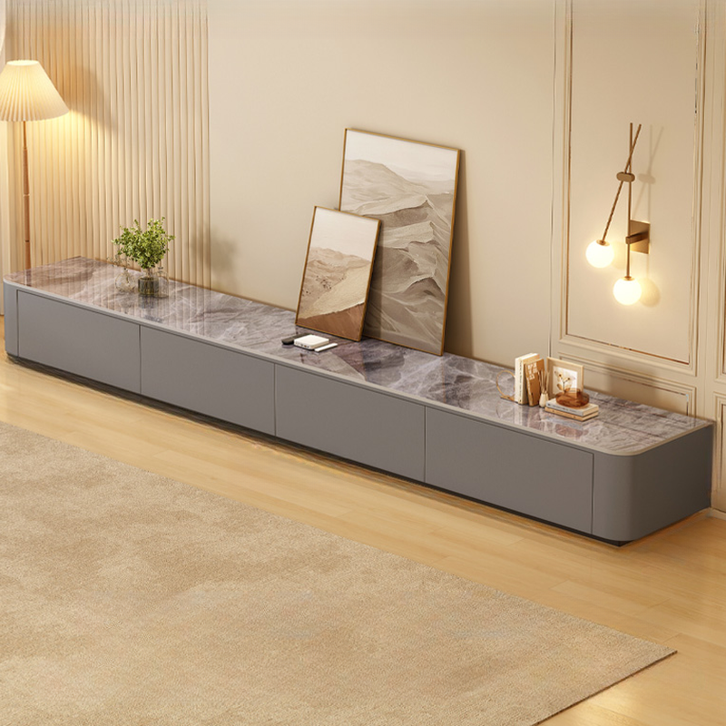 Meuble TV moderne en bois avec tiroirs et système de gestion des câbles