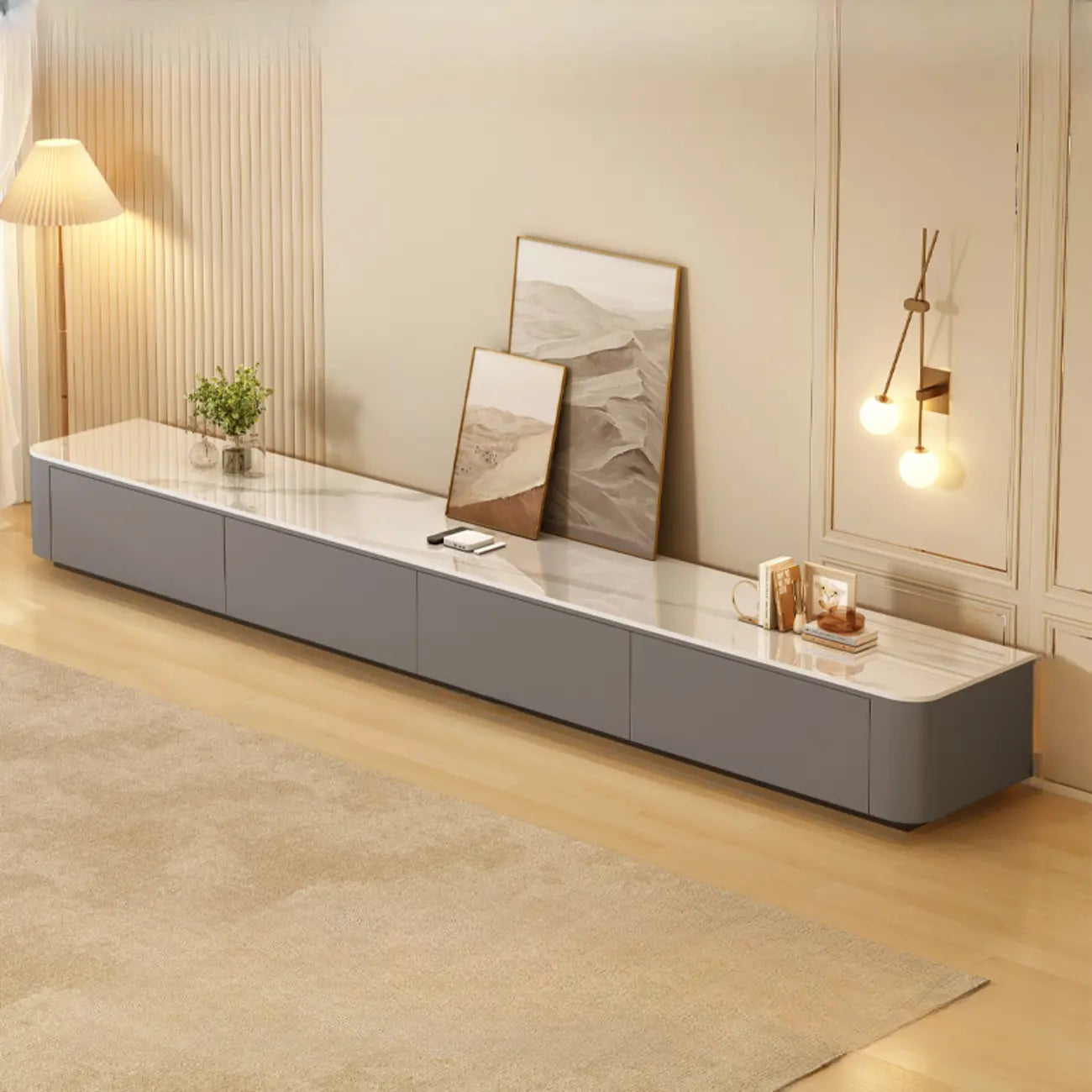 Meuble TV moderne en bois avec tiroirs et système de gestion des câbles