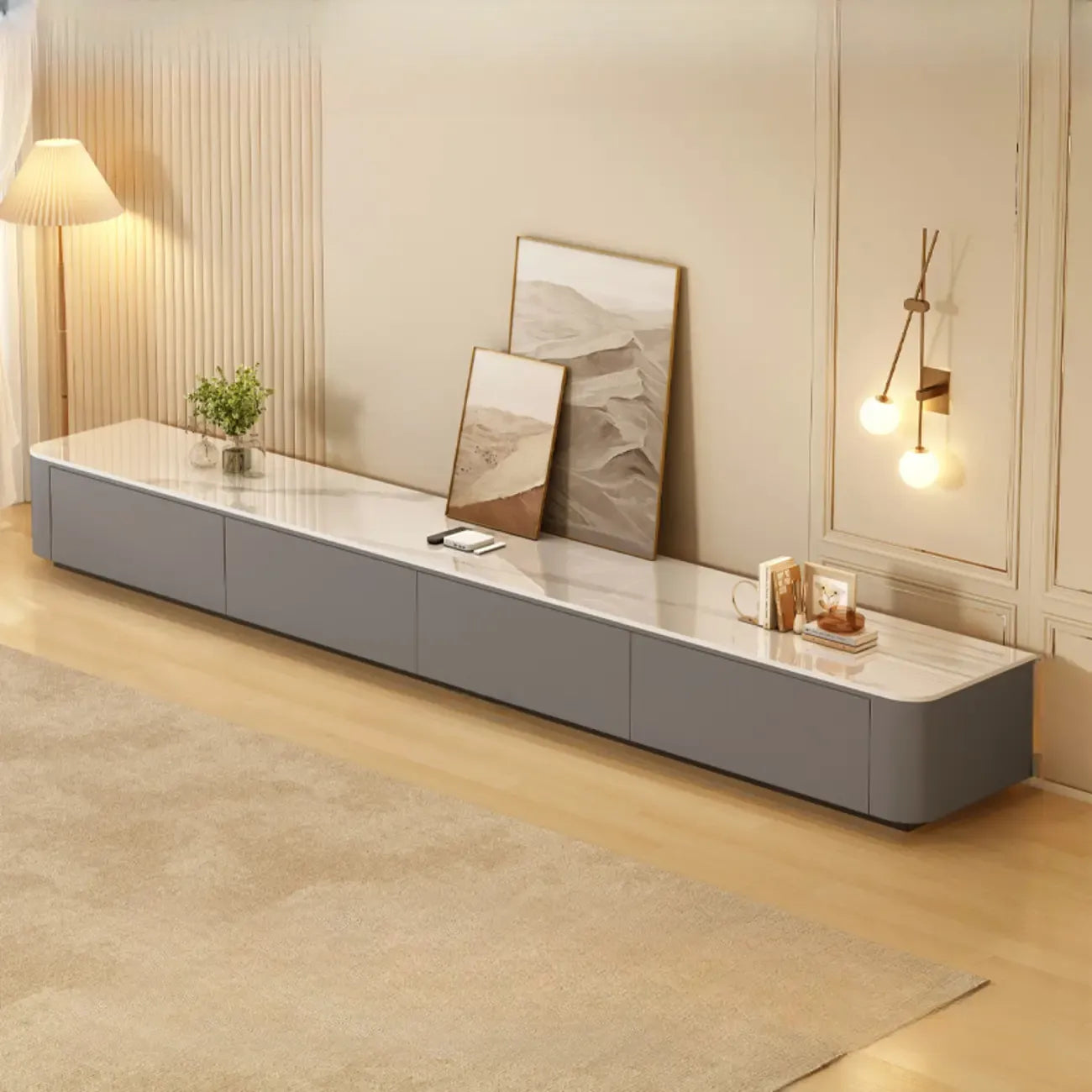 Meuble TV moderne en bois avec tiroirs et système de gestion des câbles