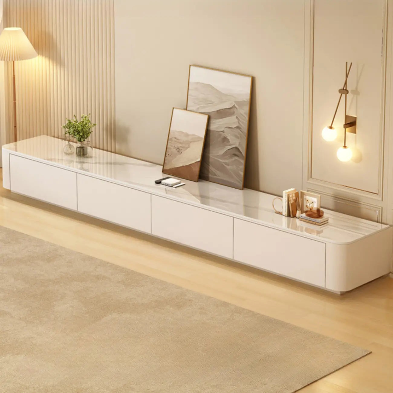 Meuble TV moderne en bois avec tiroirs et système de gestion des câbles