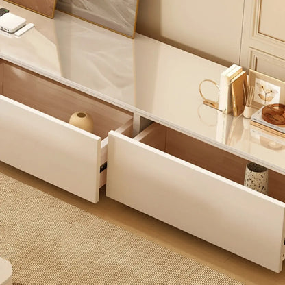 Meuble TV moderne en bois avec tiroirs et système de gestion des câbles