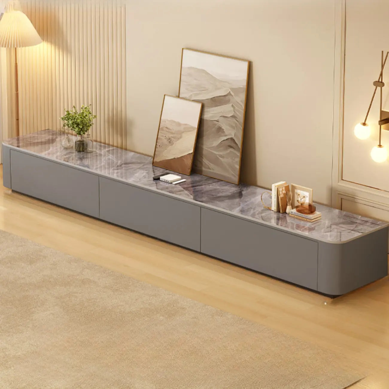 Meuble TV moderne en bois avec tiroirs et système de gestion des câbles