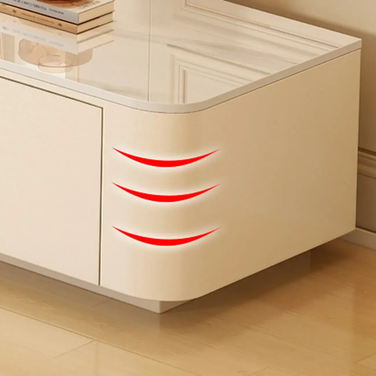 Meuble TV moderne en bois avec tiroirs et système de gestion des câbles