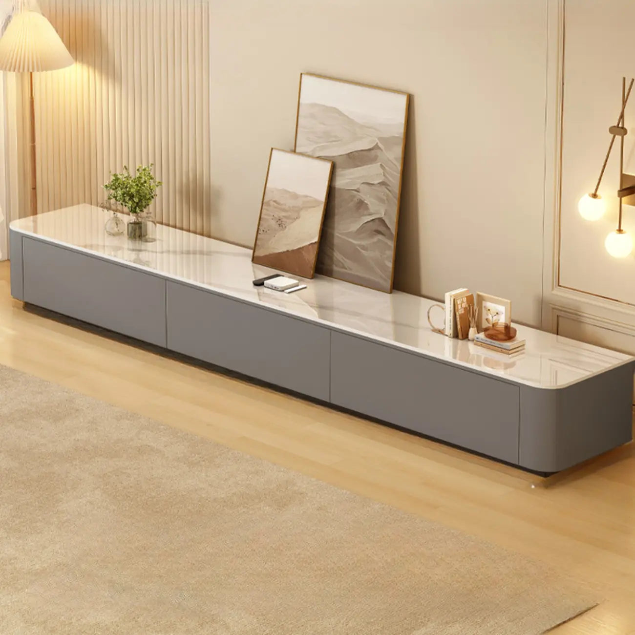 Meuble TV moderne en bois avec tiroirs et système de gestion des câbles