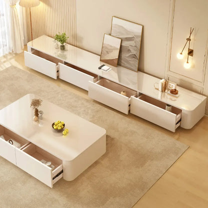 Meuble TV moderne en bois avec tiroirs et système de gestion des câbles