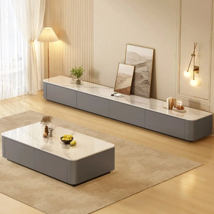 Meuble TV moderne en bois avec tiroirs et système de gestion des câbles