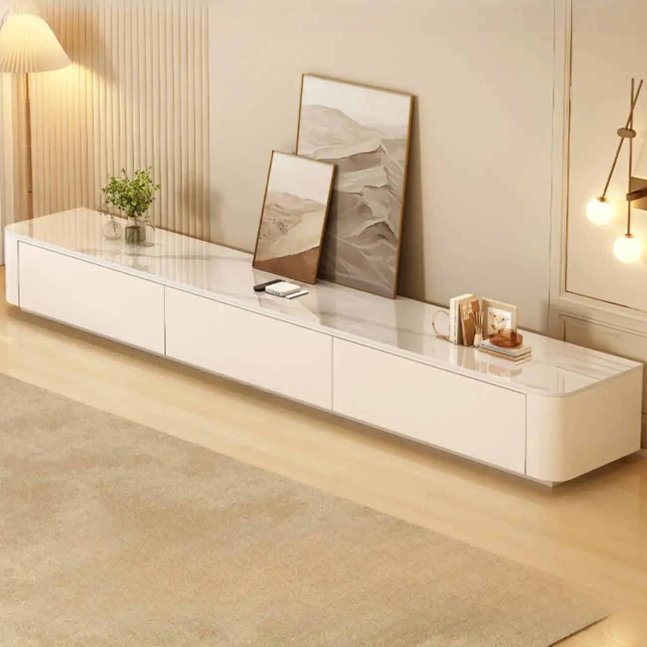 Meuble TV moderne en bois avec tiroirs et système de gestion des câbles