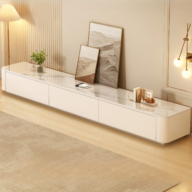 Meuble TV moderne en bois avec tiroirs et système de gestion des câbles