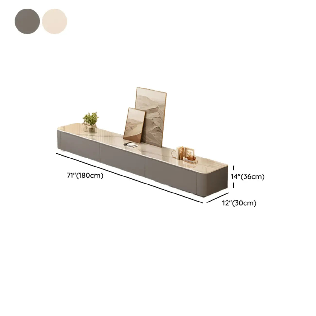 Meuble TV moderne en bois avec tiroirs et système de gestion des câbles