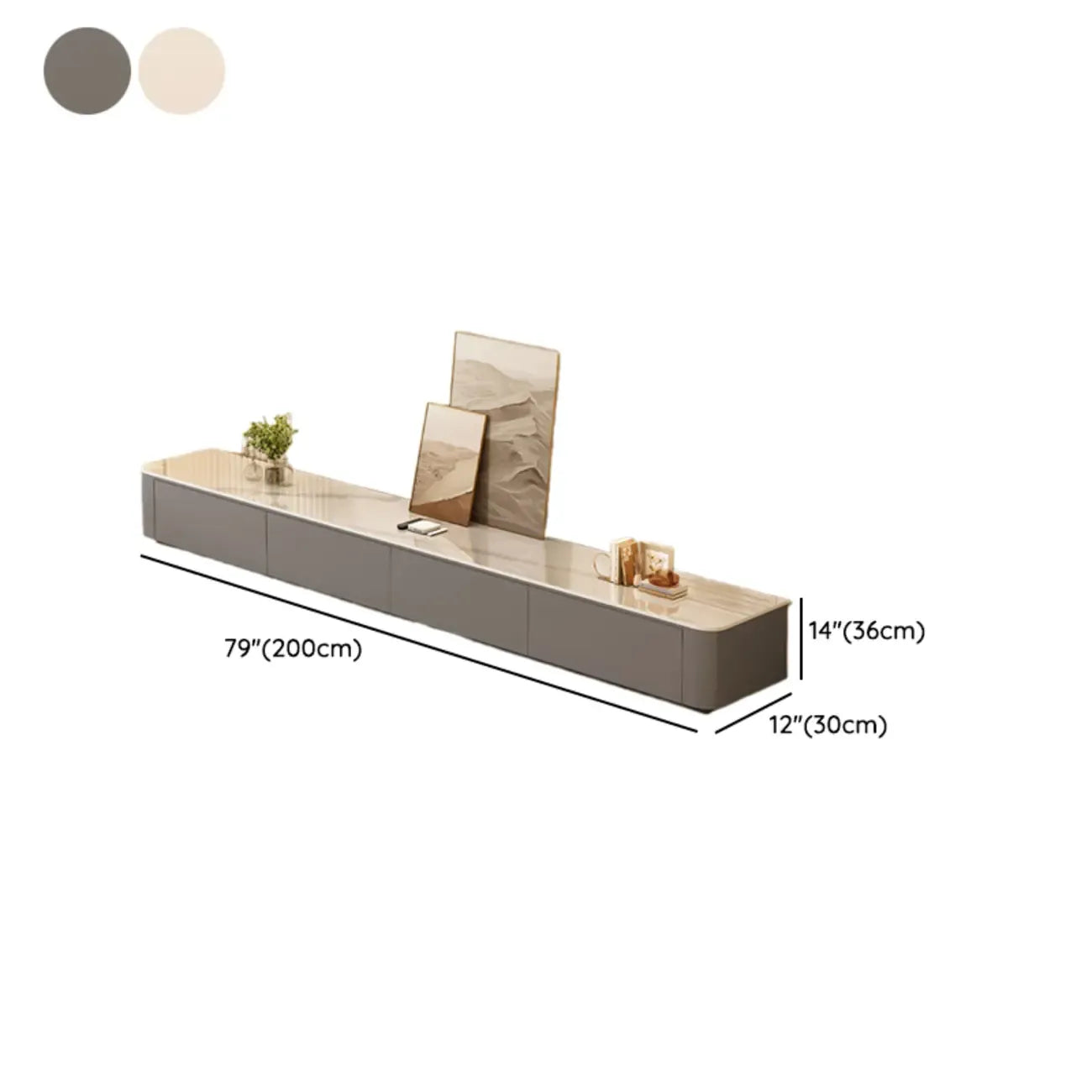 Meuble TV moderne en bois avec tiroirs et système de gestion des câbles