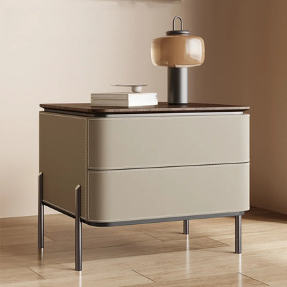 Table de chevet moderne avec plateau en bois, tiroir en cuir et pieds en métal