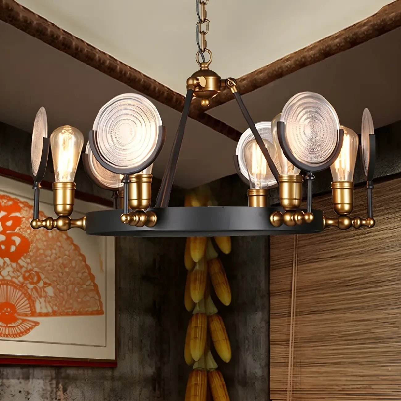 Lustre vintage à lentille en verre à grille, kit de suspension pour restaurant 6/9/12 lumières, noir.