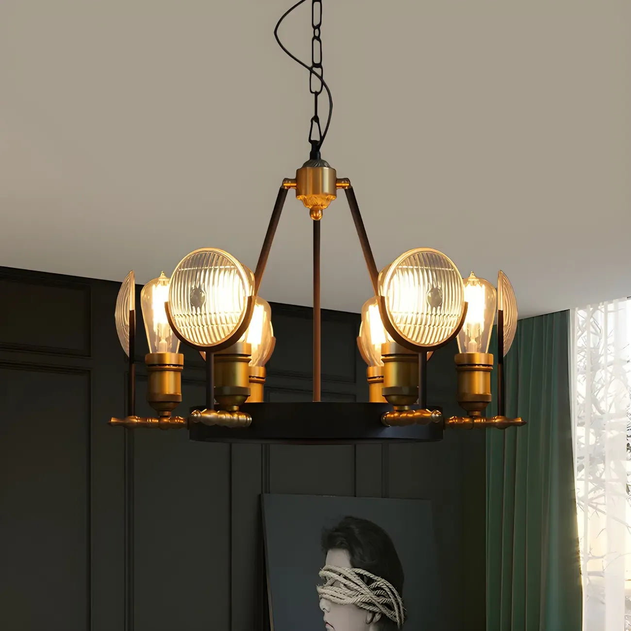 Lustre vintage à lentille en verre à grille, kit de suspension pour restaurant 6/9/12 lumières, noir.
