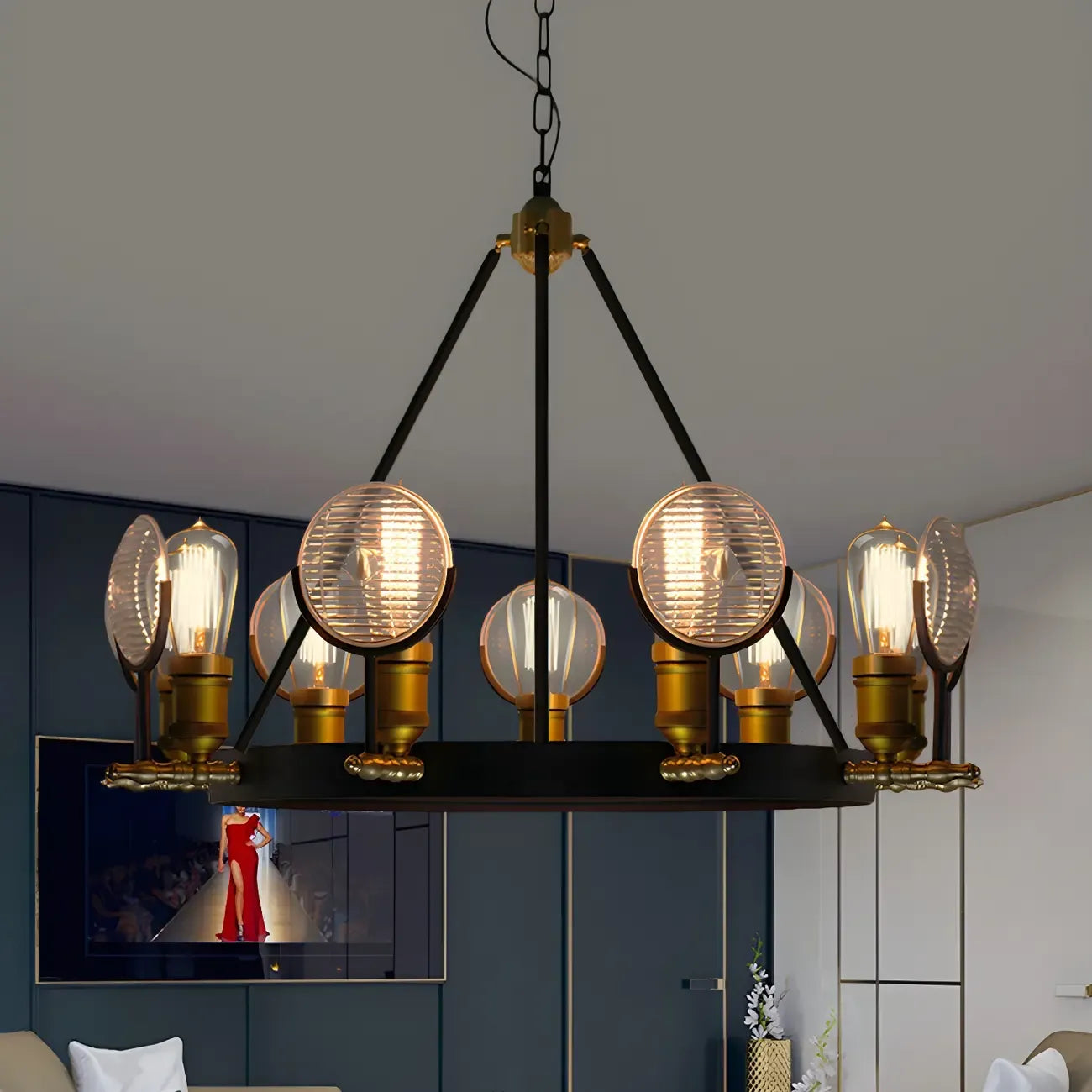 Lustre vintage à lentille en verre à grille, kit de suspension pour restaurant 6/9/12 lumières, noir.