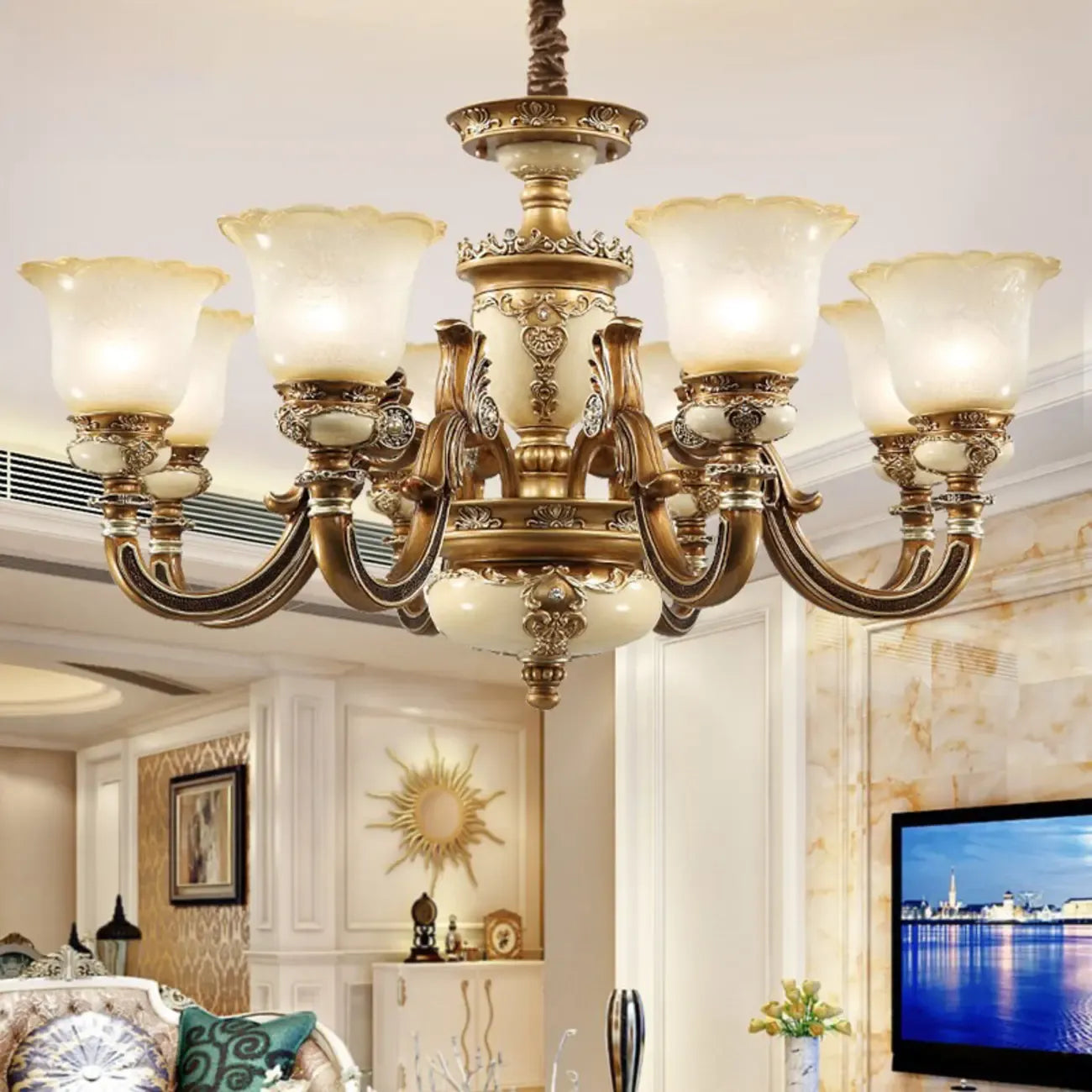 Lustre vintage en laiton, céramique et verre, en forme de cloche, avec éclairage indirect, pour salon.