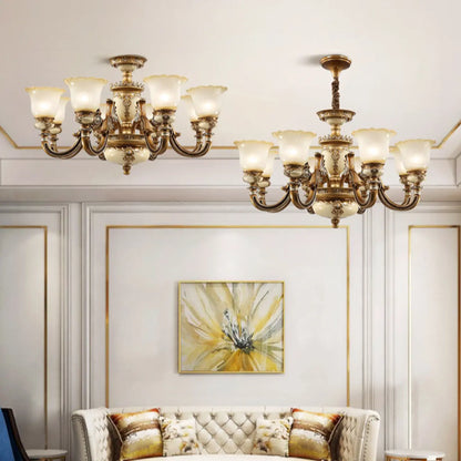 Lustre vintage en laiton, céramique et verre, en forme de cloche, avec éclairage indirect, pour salon.