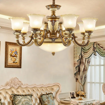 Lustre vintage en laiton, céramique et verre, en forme de cloche, avec éclairage indirect, pour salon.