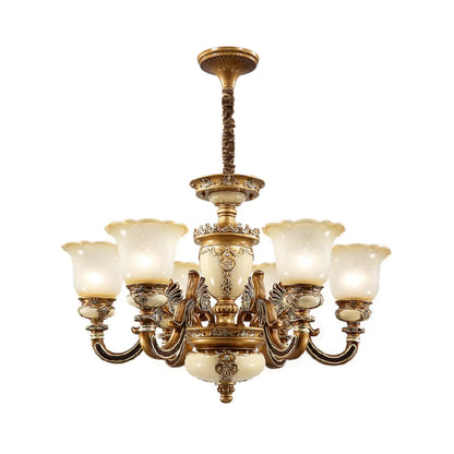 Lustre vintage en laiton, céramique et verre, en forme de cloche, avec éclairage indirect, pour salon.