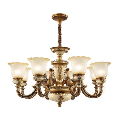 Lustre vintage en laiton, céramique et verre, en forme de cloche, avec éclairage indirect, pour salon.