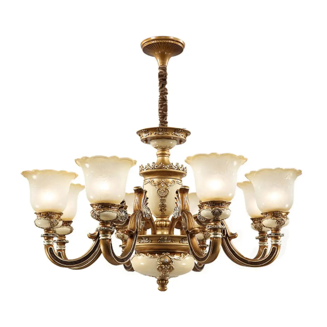 Lustre vintage en laiton, céramique et verre, en forme de cloche, avec éclairage indirect, pour salon.