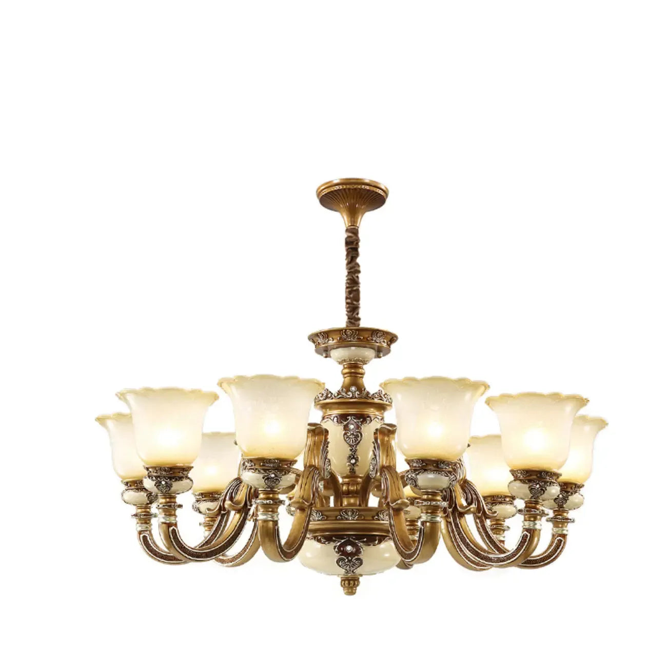 Lustre vintage en laiton, céramique et verre, en forme de cloche, avec éclairage indirect, pour salon.