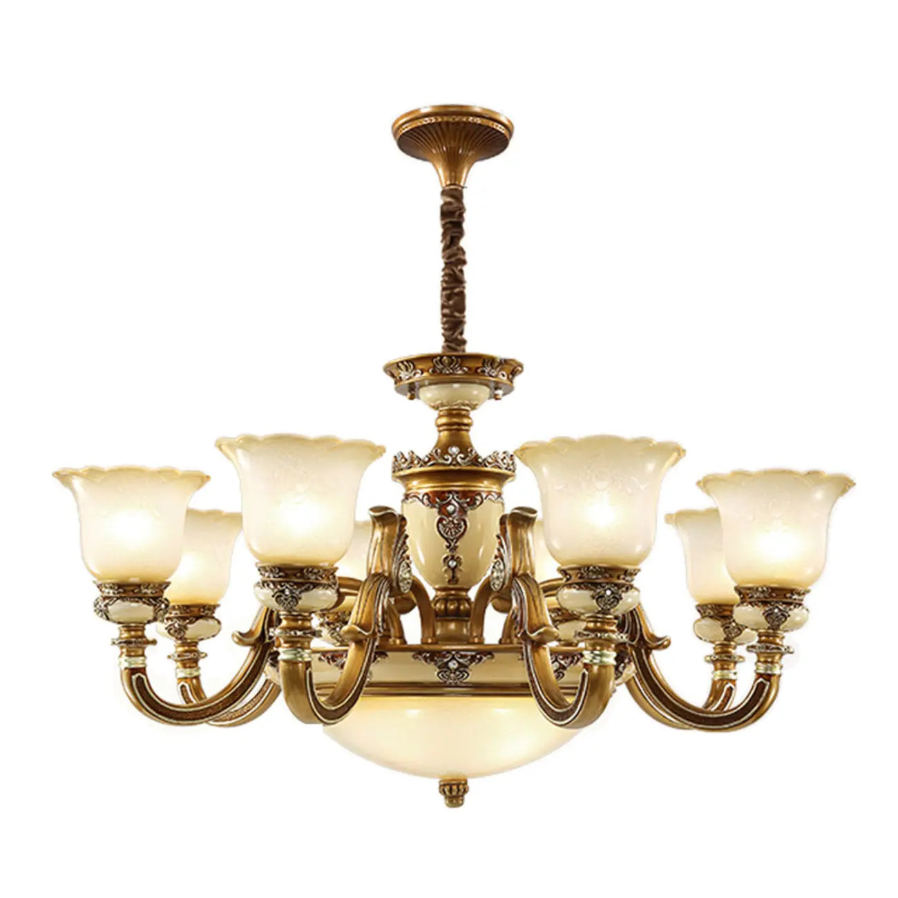 Lustre vintage en laiton, céramique et verre, en forme de cloche, avec éclairage indirect, pour salon.