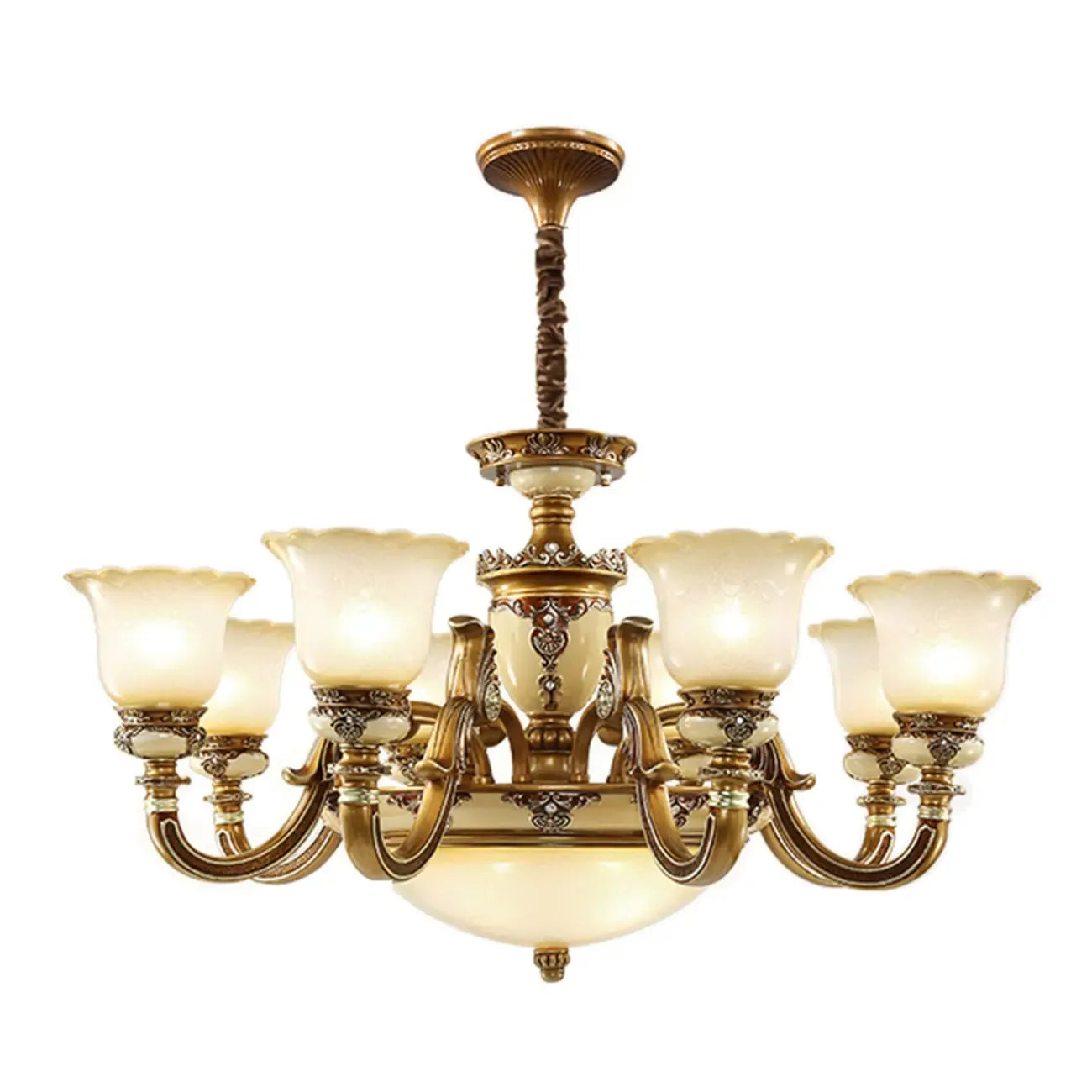 Lustre vintage en laiton, céramique et verre, en forme de cloche, avec éclairage indirect, pour salon.