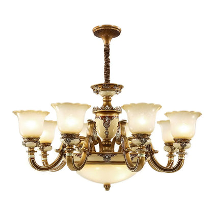 Lustre vintage en laiton, céramique et verre, en forme de cloche, avec éclairage indirect, pour salon.