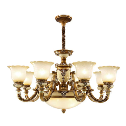 Lustre vintage en laiton, céramique et verre, en forme de cloche, avec éclairage indirect, pour salon.