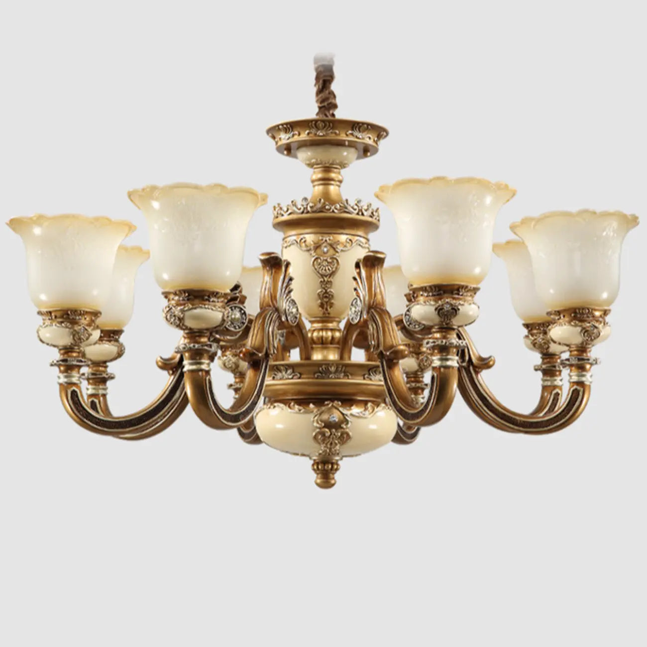 Lustre vintage en laiton, céramique et verre, en forme de cloche, avec éclairage indirect, pour salon.