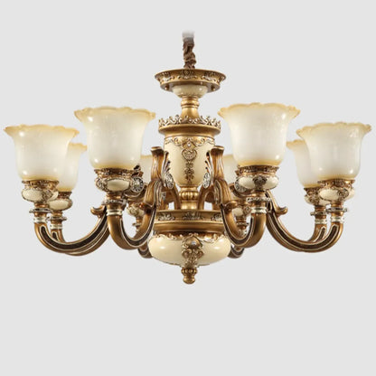 Lustre vintage en laiton, céramique et verre, en forme de cloche, avec éclairage indirect, pour salon.