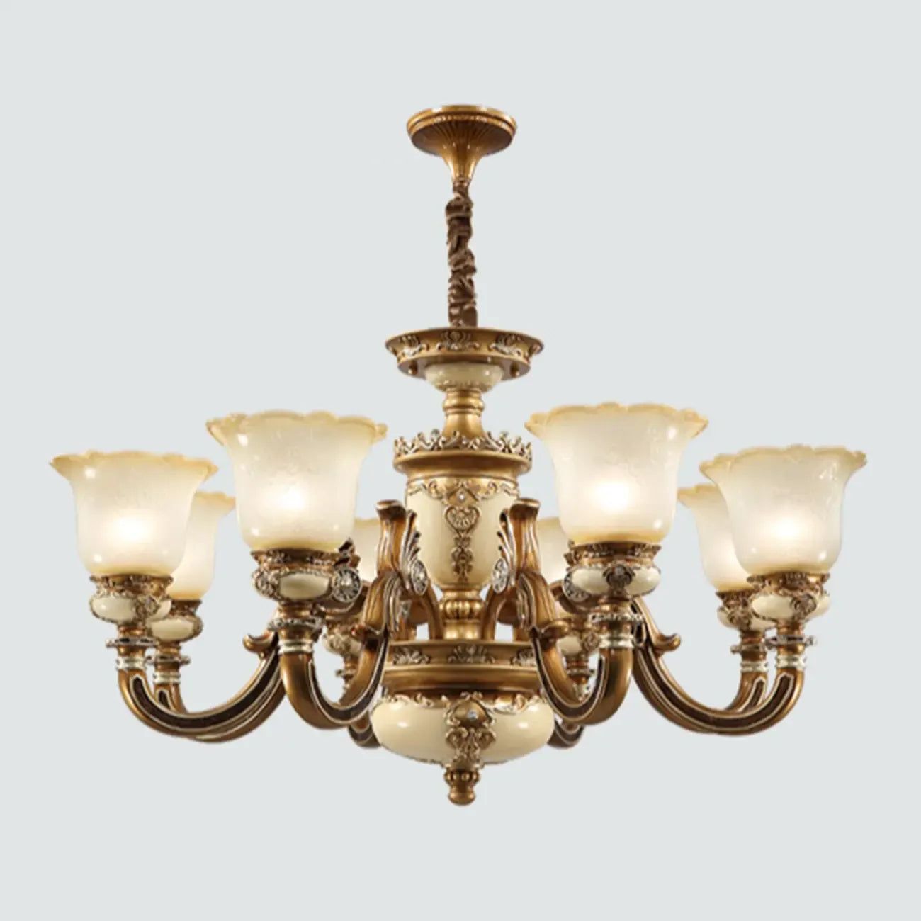 Lustre vintage en laiton, céramique et verre, en forme de cloche, avec éclairage indirect, pour salon.