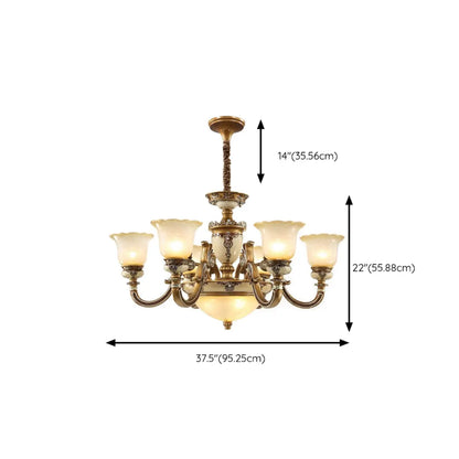 Lustre vintage en laiton, céramique et verre, en forme de cloche, avec éclairage indirect, pour salon.