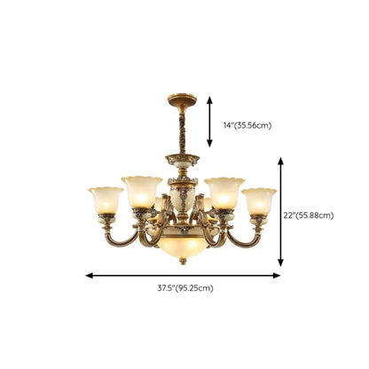 Lustre vintage en laiton, céramique et verre, en forme de cloche, avec éclairage indirect, pour salon.