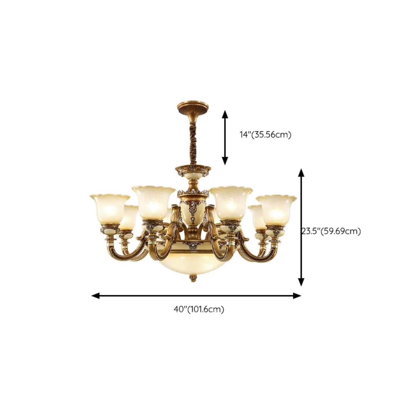 Lustre vintage en laiton, céramique et verre, en forme de cloche, avec éclairage indirect, pour salon.