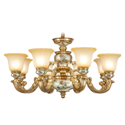 Lustre antique en céramique dorée avec cloche en verre dépoli